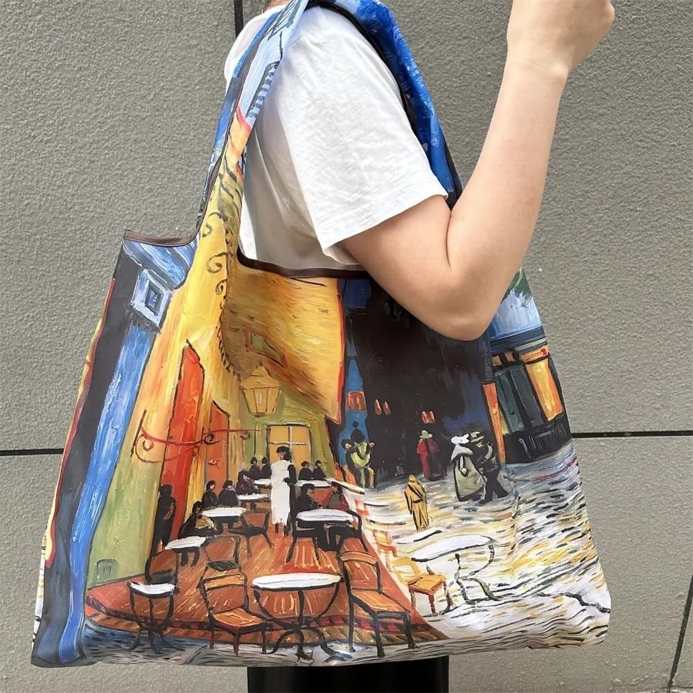 Oil Painting Print Folding Shopping Bag Large Capacity Foldable Feature Grocery Bag Positioning Design Portable Design