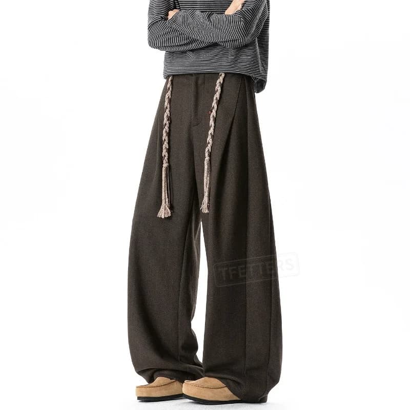 TFETTERS 2026 Spring Old Money Woolen Wide Leg Suit Pants Men Autumn Loose Silhouette with Braided Rope Belt Baggy Trousers Man