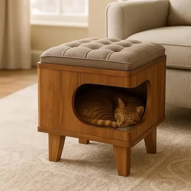 Oem Popular Ittoman 2-in-1 Solid Wood Cat House Chair Pet Furniture & Seating Wooden House For Cats