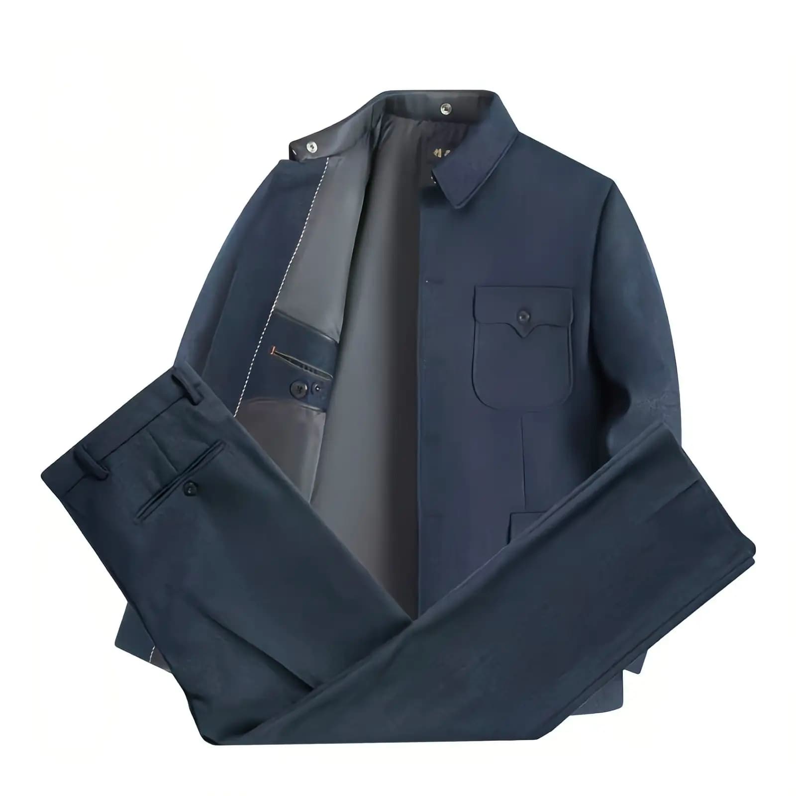 Men Zhongshan Suit Set Navy Blue Jacket & Trouser 2PCS Wear Confucian Philosophy Design Traditional Two-Piece Ensemble Attire