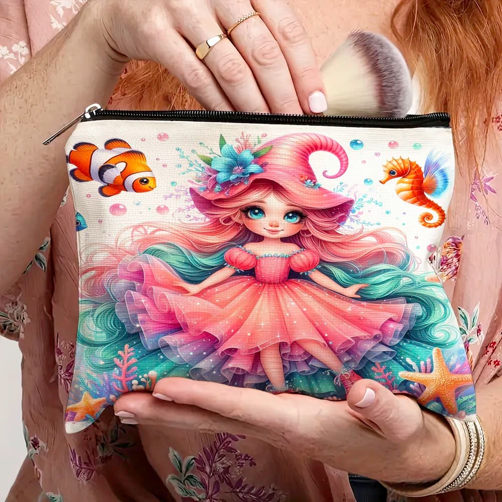 Casual Cartoon Sirena Principessa Borse per cosmetici da donna Regalo per bambini Portafoglio con doppia stampa Borsa da viaggio per signora Borsa per trucco per ragazza con cerniera