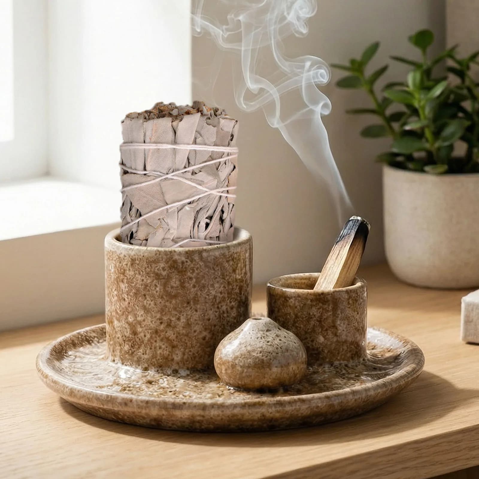 Bruciatore di incenso in ceramica 4 in 1 per aromaterapia, meditazione, yoga e decorazioni per la casa, include supporto per salvia e porta incenso per bastoncini