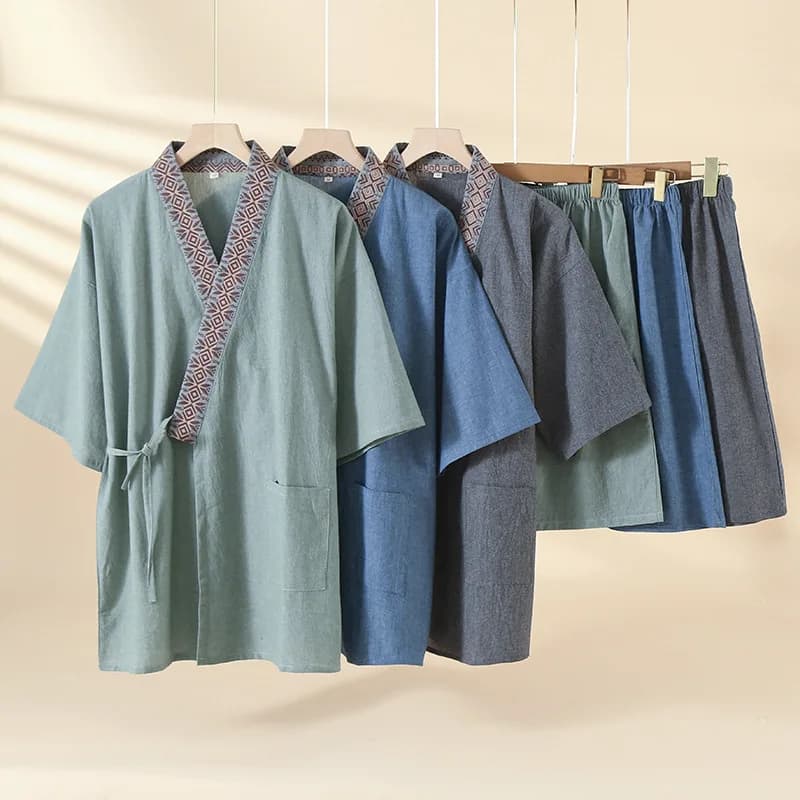 Spring and Summer Thin Men's Kimono Cotton Short-sleeved Robes with Shorts 2 Pcs Pajamas Large Size Homewear Pajama Sets