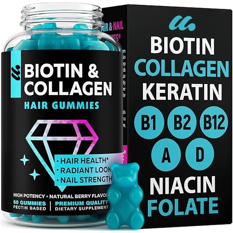 Gomme masticabili alla biotina e collagene - Vitamine per la crescita dei capelli: B1, B2, B3, B5, B7, B9, B12, collagene, cheratina, vitamina A e D - 60 capsule