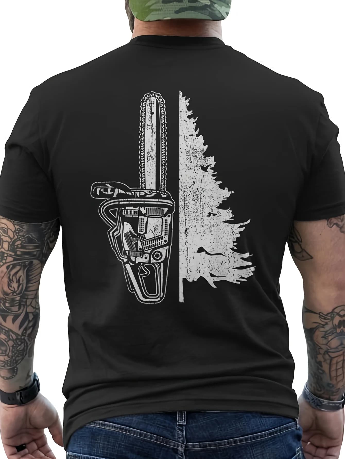 Men's Summer Retro Chainsaw and Tree Print T-Shirt Cotton and Breathable Tee Men's Round Neck Streetwear Oversized Short Sleeve