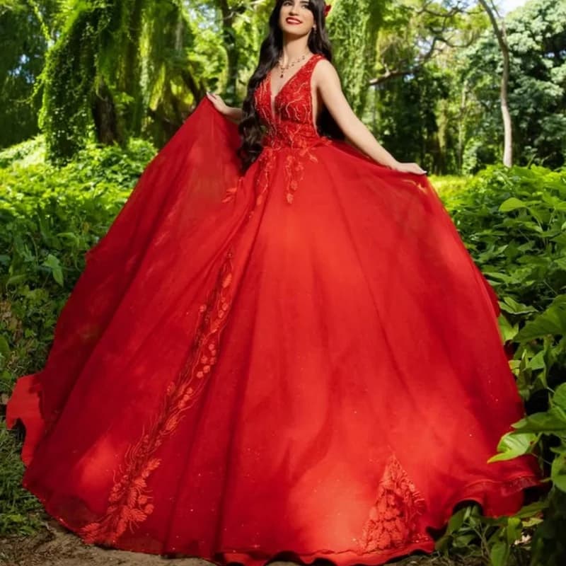 Semplici abiti Quinceanera rossi con spalle scoperte Glitter Decal Stratificazione Coda lunga Vestido De 15 Quinceanera Personalizza