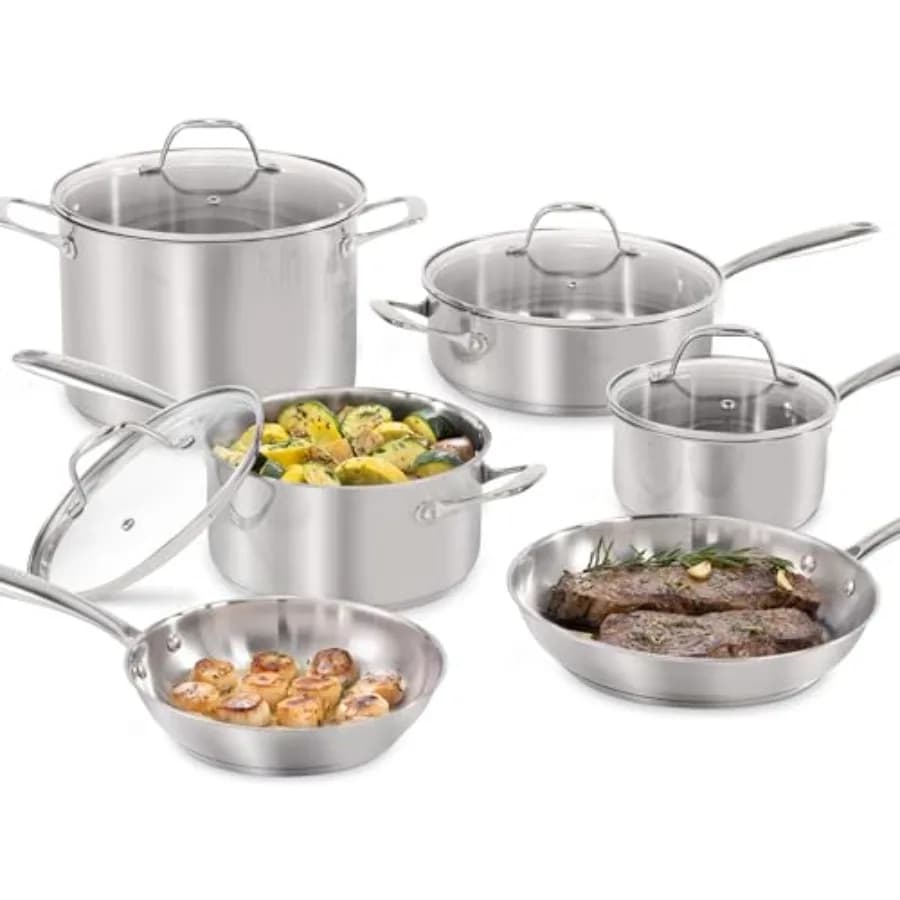 Set di Pentole in Acciaio Inox da 10 Pezzi per Cucina - Include Padelle, Casseruole, Pentola per Soffritti, Pentola per Zuppa - Adatto al Forno