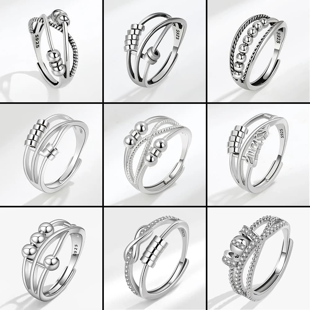 Round Bead Rotating Anxiety Luxury Woman Ring Twisted Fidget Metal Spinner ansia Relief Spinning Anti Stress Ring Bague Femme