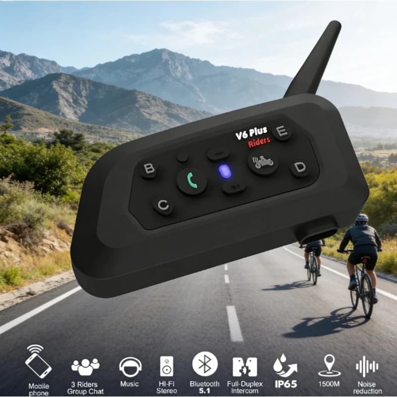 V6 PRO+ Interfono per Casco Moto Impermeabile per 6 Piloti, BT5.1, Intercomunicazione 800m, Lettore Musicale, Comunicazione Wireless