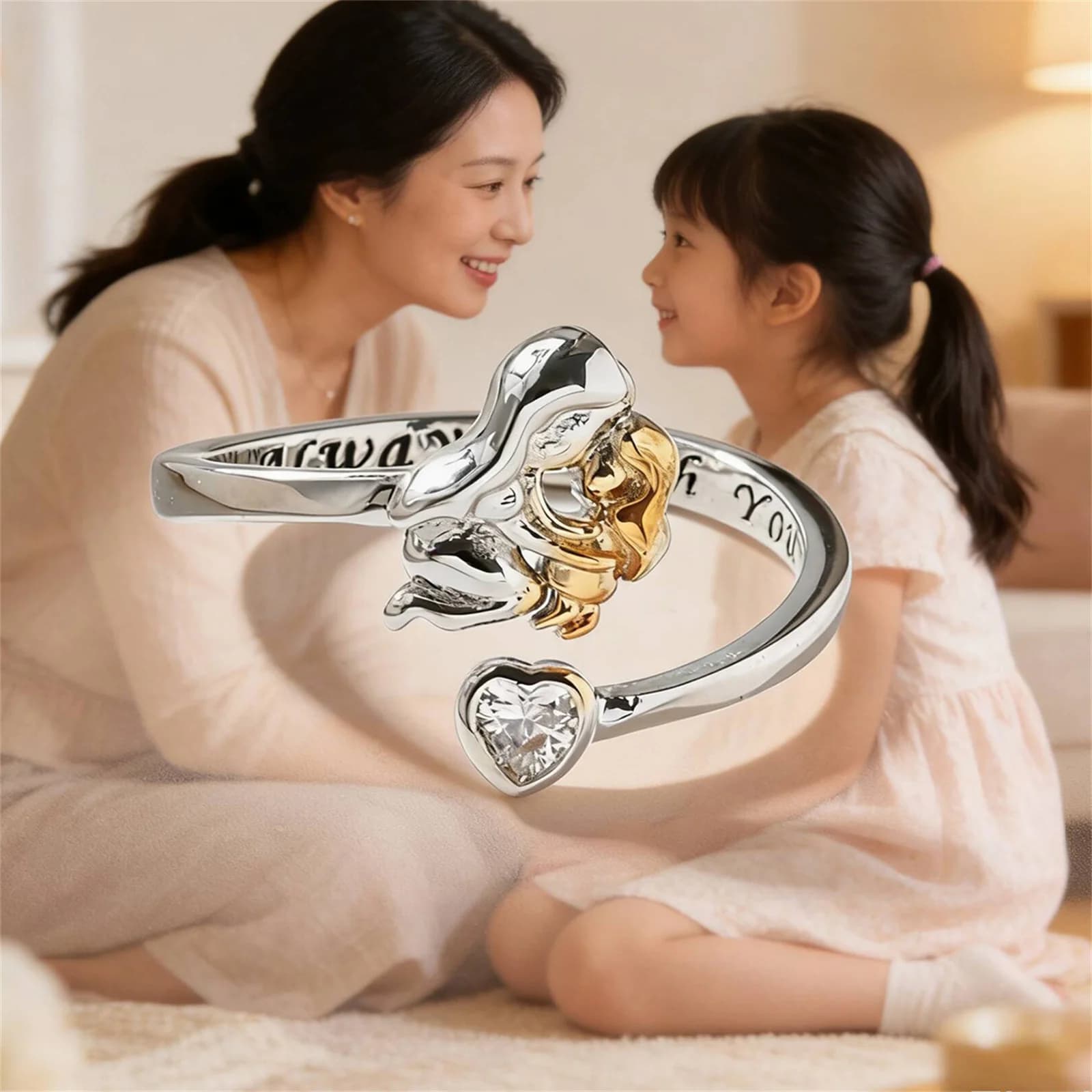 Anello Madre Figlia con Cuore e Pietra Portafortuna, Gioiello Regolabile per Regalo Festa della Mamma