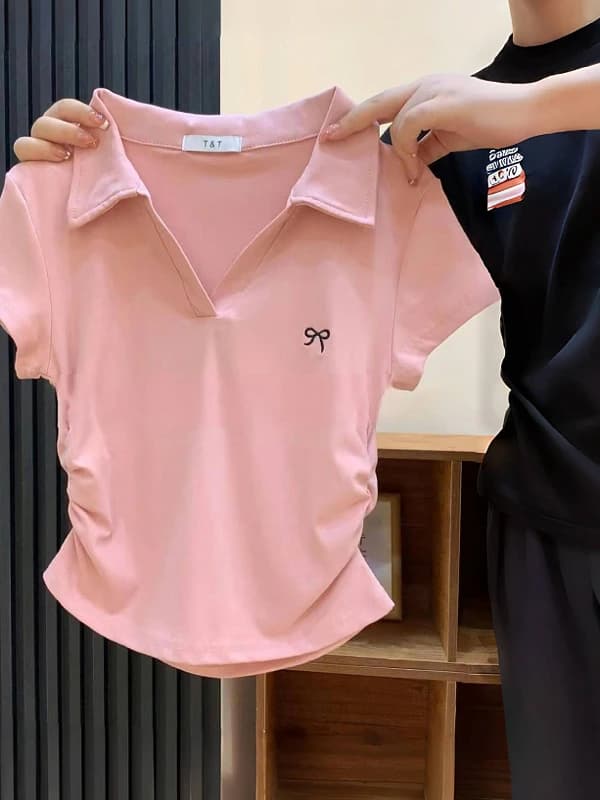 plus Size Pink Neck Short Sleeve Pure Cotton T-Shirt Women Summer Slim Fit Short Style Korean Version Commute Style Top