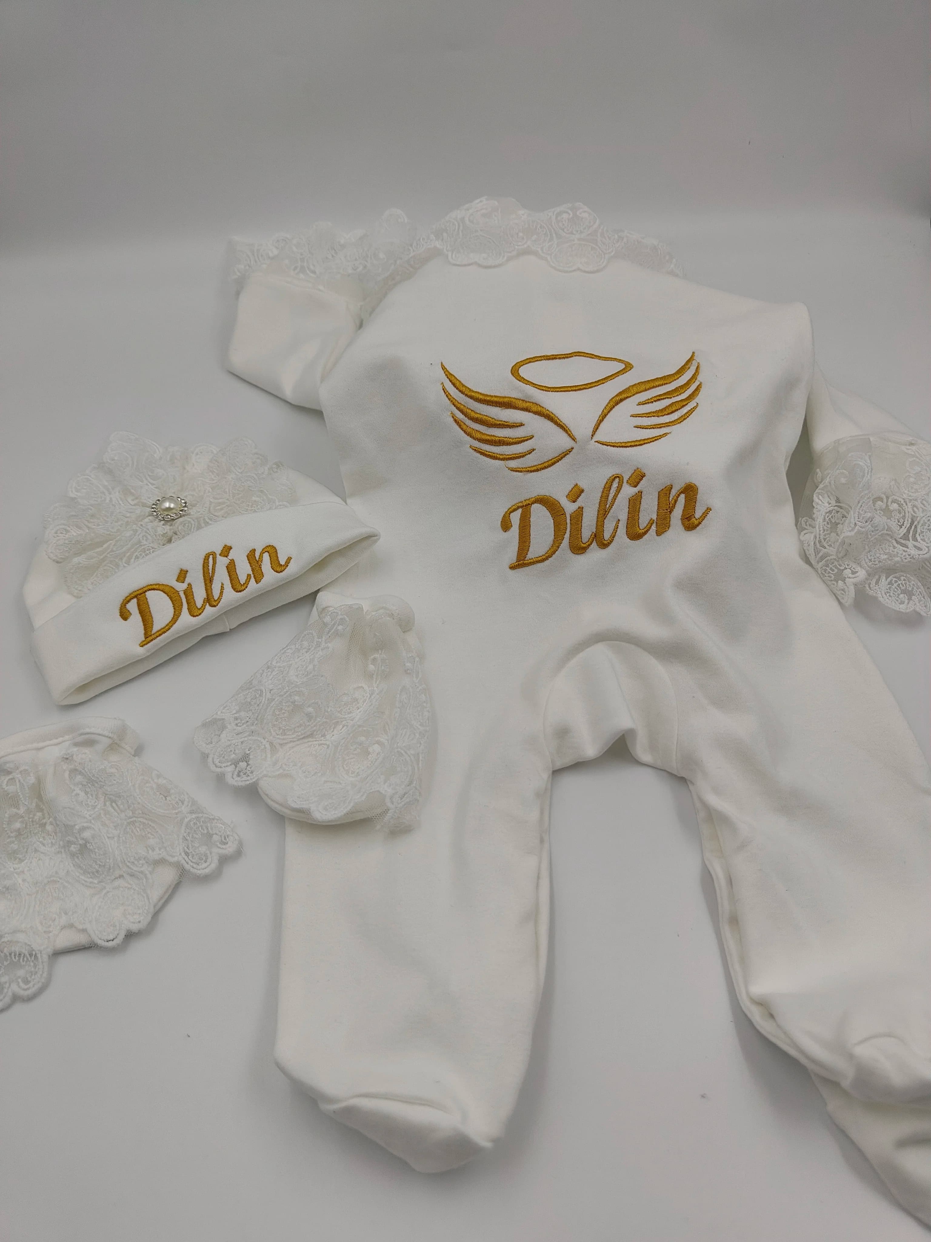 French Vintage Lace Large Collar Baby Romper with Footed Design – 3Pcs Set, Newborn Christening Baptism Outfit for Baby Girl