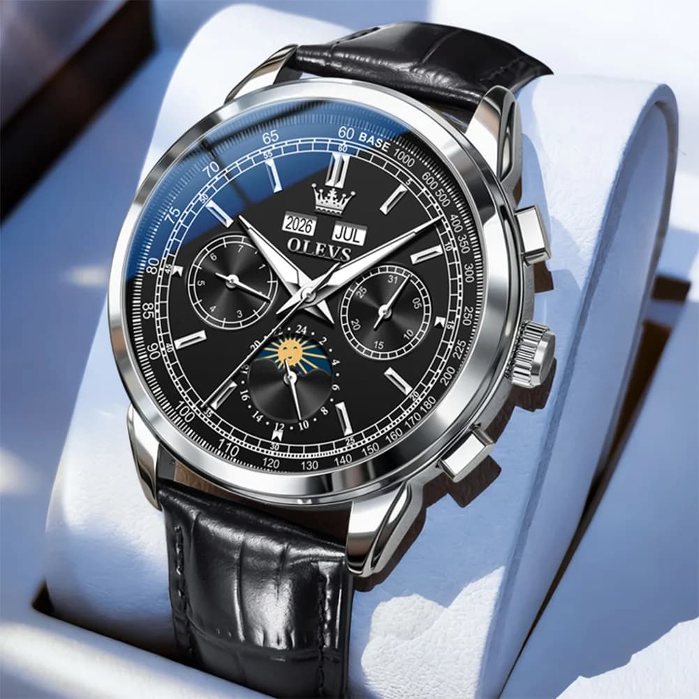 OLEVS Watch Automatic With Perpetual Calendar for Men, Leather Strap, Waterproof, Moon Phases, Luxury Mechanical wristwatch