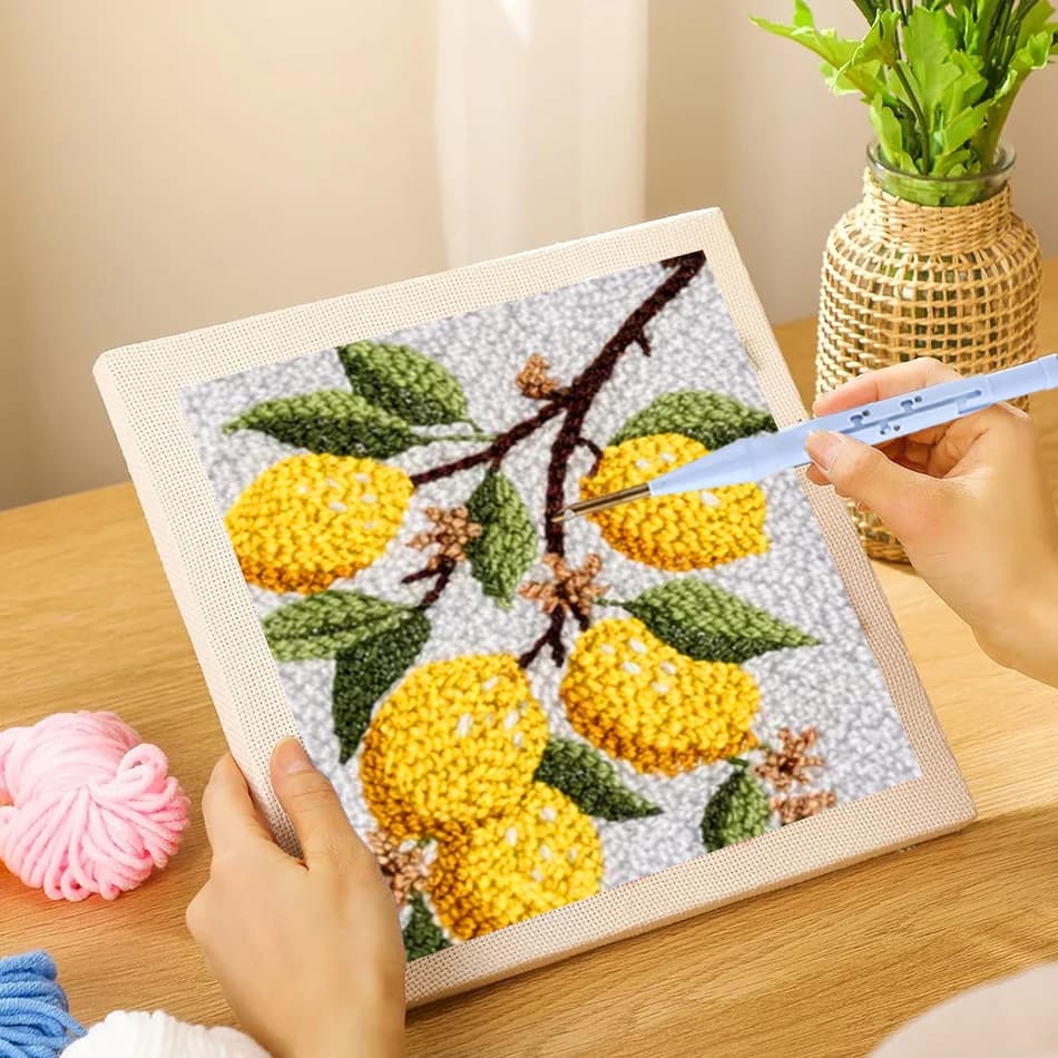 DIY Punch Needle Kits for Beginners Lemon Fruit Pattern with Hoop Embroidery Punch Needle Starter Set Cross Stitch Diy Craft Kit