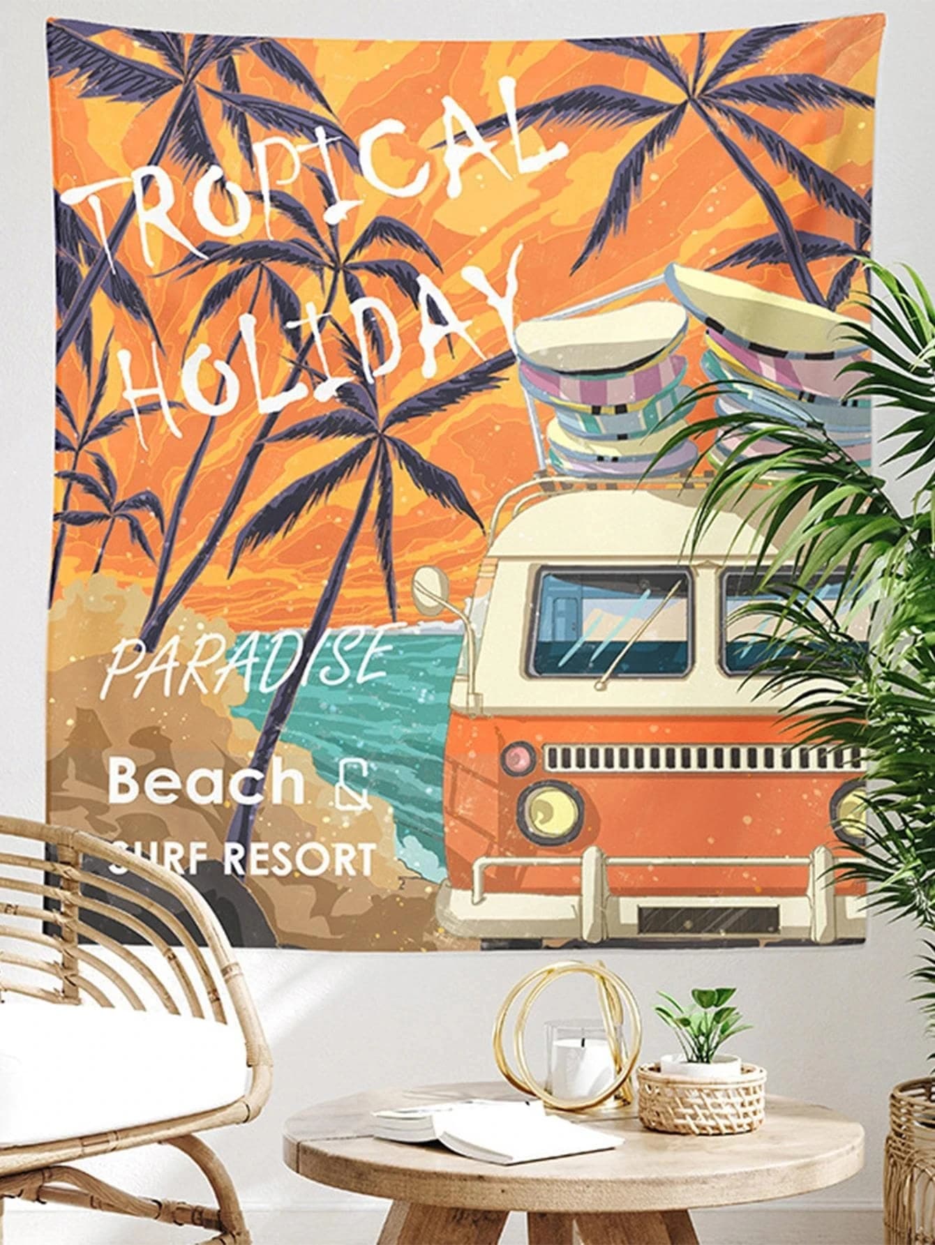 Car & Coconut Tree Holiday Pattern Decorative Wall Tapestry Room Decoration Items Home Decor Dorm Wall Hanging Blanket Backdrop