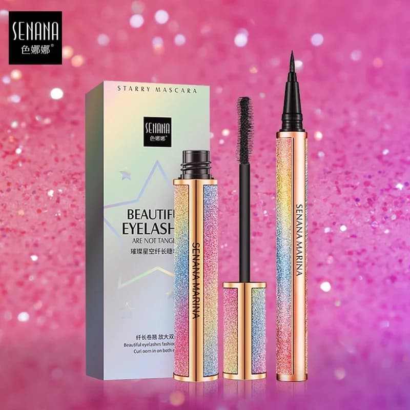 SENANA 4D Starry Silk Fiber Eyeliner Thick Elongating Mascara + Eyeliner Set of cosmetics resistant to sweat and long-lasting quick drying