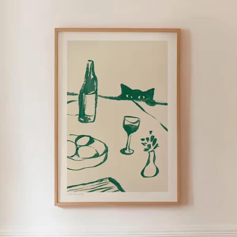 Stampa su tela Gatto e Cane Discreti con Vino, Decorazione da Parete per Cucina e Carrello Bar, Immagine Schizzosa di Animali, Poster Scandi per Cena e Feste