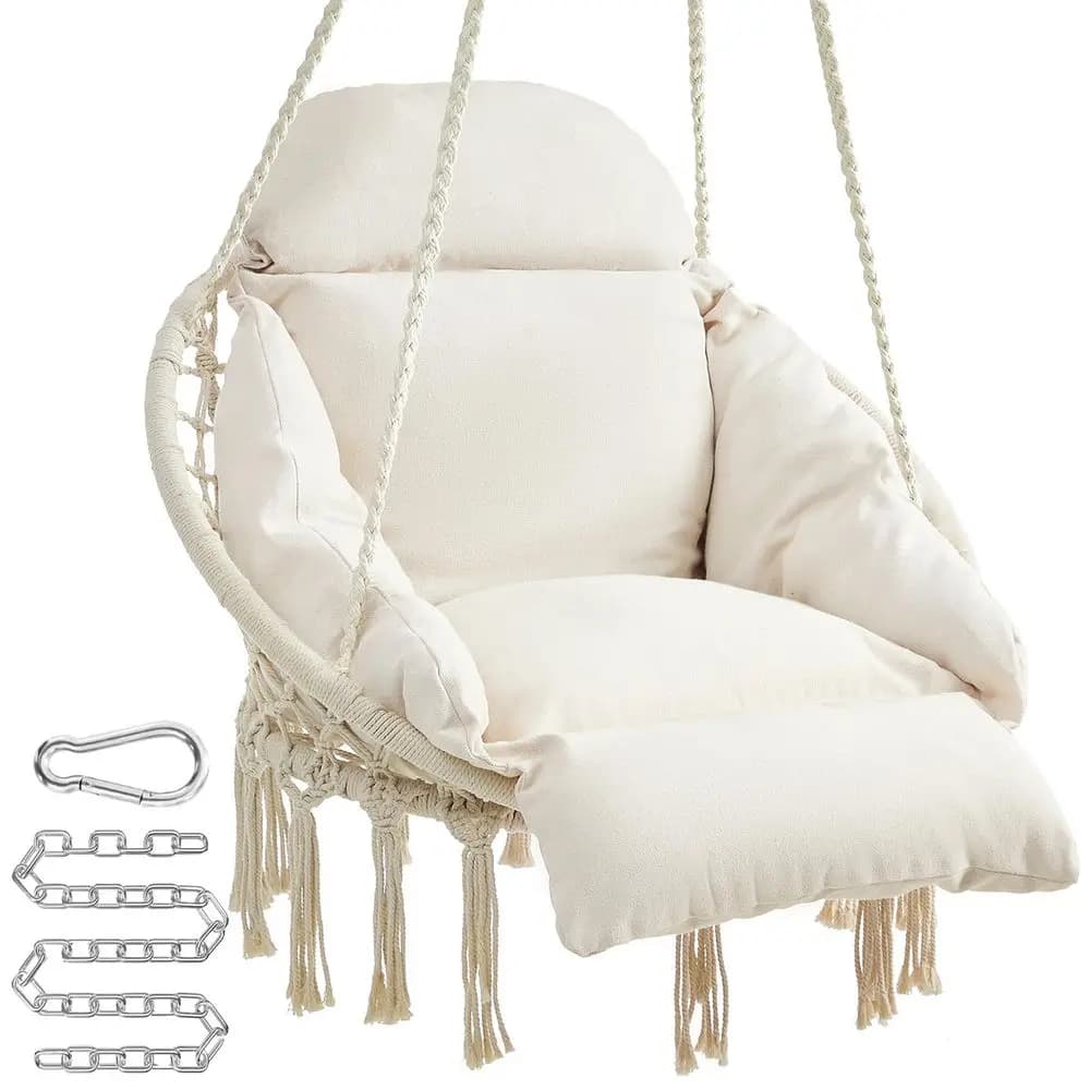 Hanging chair, rocking chair with large thick cushion, Boho rocking chair for bedroom, patio, balcony, garden, supports up to 120 kg