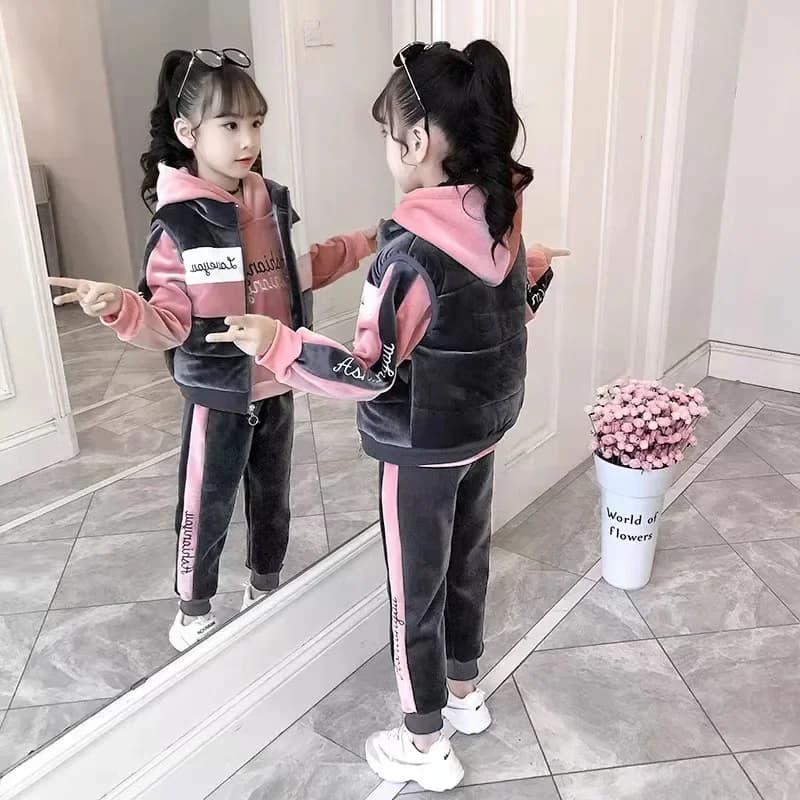 2026 inverno ragazze tuta Autunno Adolescente Vestiti giacca di velluto gilet e top con cappuccio + striscia inferiore Pantalone Bambino Kid 8 10 12 anni