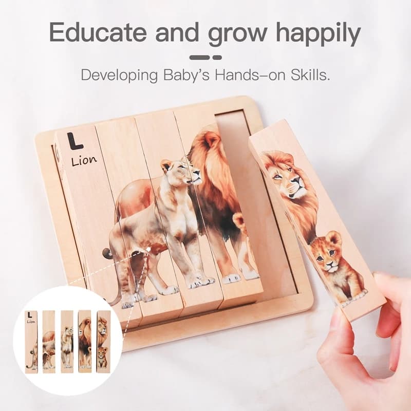 Giocattoli puzzle in legno Montessori Baby Striscia bifacciale Gioco educativo per bambini 3D Cartoon Animal Jigsaw Puzzle Giocattoli da tavolo di attività