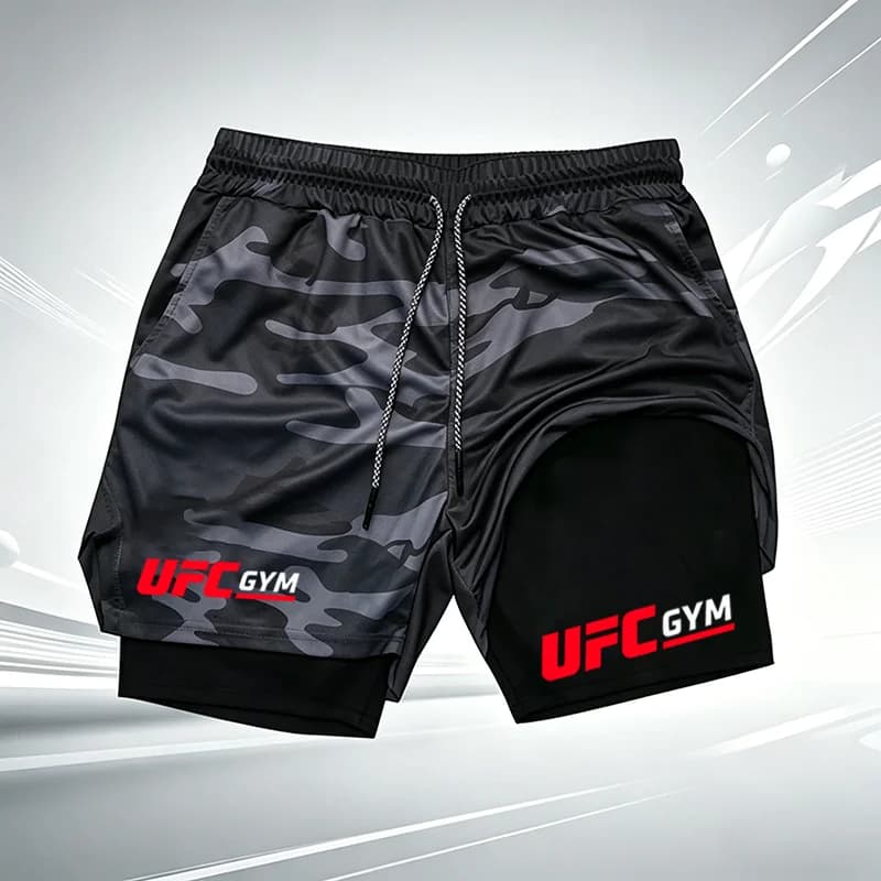 Summer men's UFC GYM 2-in-1 compression shorts, quick drying, breathable running, gym training shorts, with built-in lining and