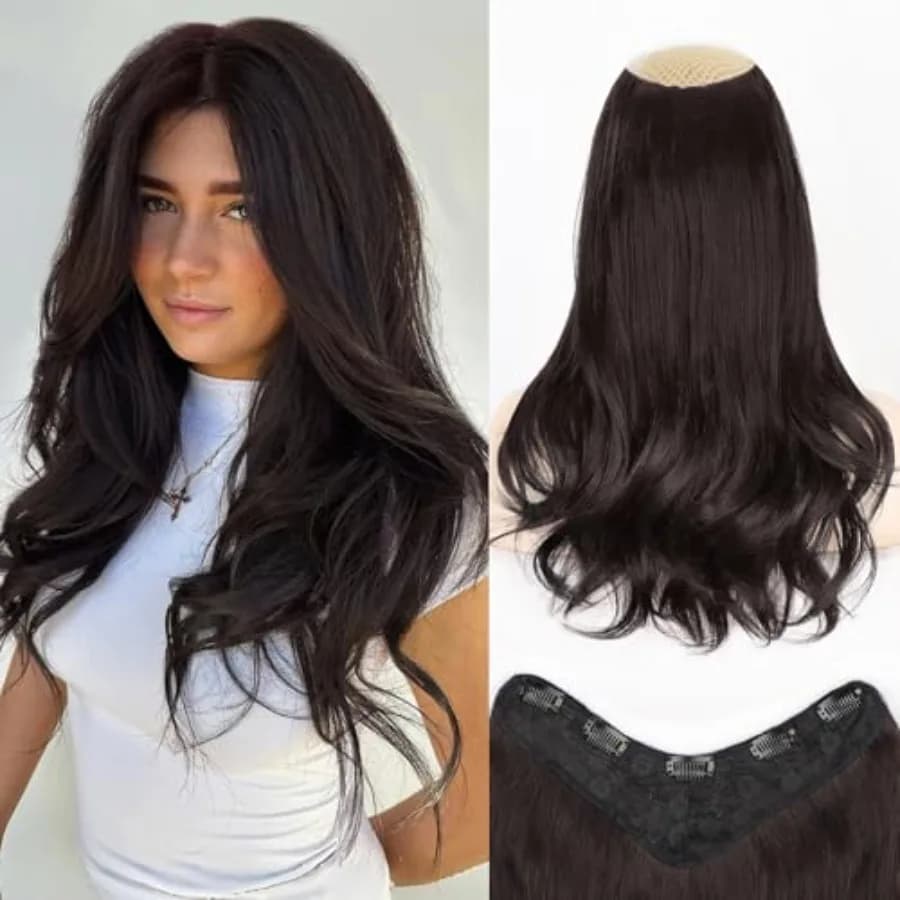 Long Wavy Layered Hair Extensions for Women, Clip in Hair Extensions Clip Ins Soft Full Head Synthetic Hairpieces 16 Inch Dark