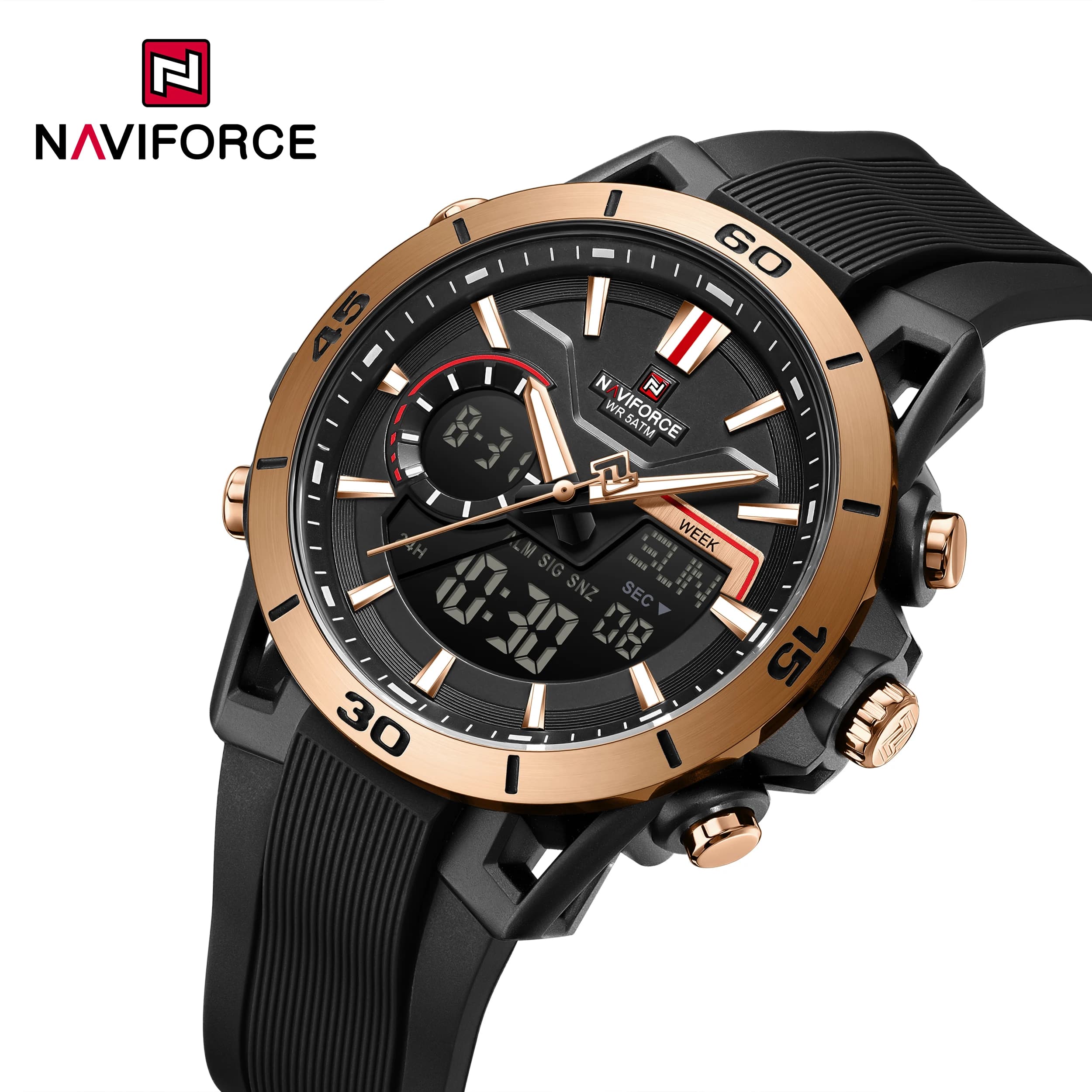 NAVIFORCE 7135 Orologi Elettronici Sportivi alla Moda per Uomo, Luminosi con Calendario, Impermeabili 50m, Display Doppio, Orologio Digitale Casual da Uomo