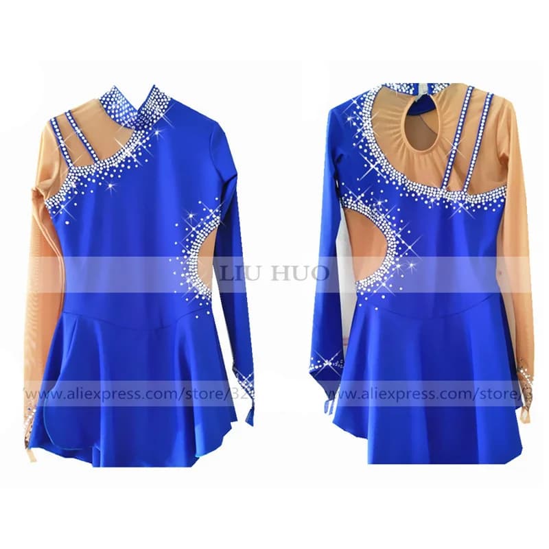 LIUHUO Abito da Pattinaggio di Figura sul Ghiaccio Ragazza da Donna Blu Spandex ad Alta Elasticizzato Concorso di Balletto Body Costume da Ballo Roller Adolescenti