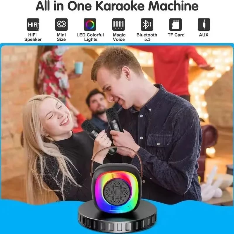 Nuovo mini altoparlante Bluetooth da esterno con 2 microfoni wireless e luce notturna RGB, macchina per karaoke a lunga durata, regalo per bambini