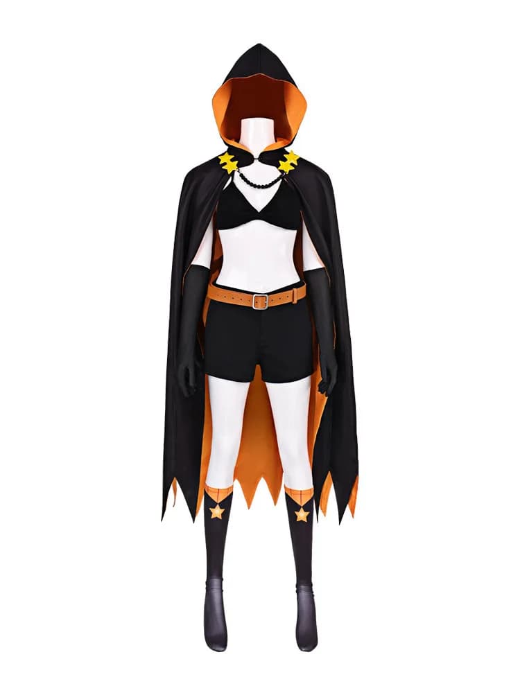 Women Star Magician Set Black Orange Hooded Cape Crop Top Shorts Gloves Star Socks Halloween Cosplay Masquerade Outfit