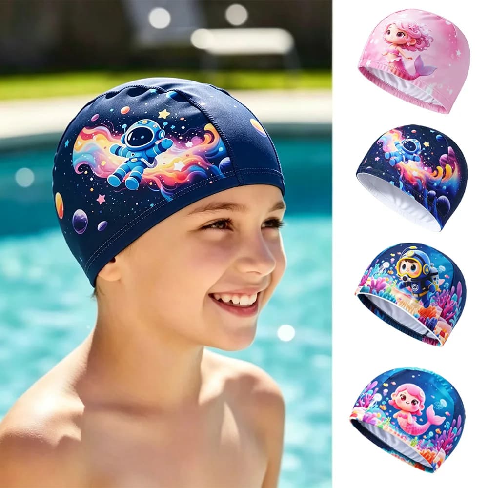 Printed Cute Swim Cap for Kids, Multiple Patterns Optional Stretch Ear‑Cover for Pool Training and Water Sports Daily