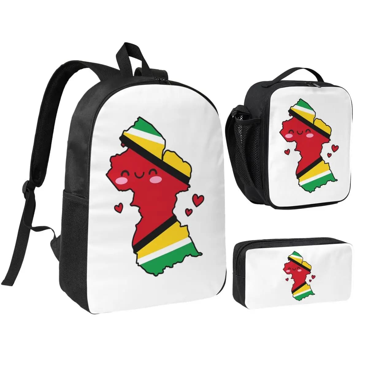 Zaino con bandiera della Guyana e mappa, Smile With Love, per ragazzi e ragazze, borsa per libri, borsa da scuola, borse a tracolla, 3 pezzi, borsa termica per il pranzo, astuccio per matite