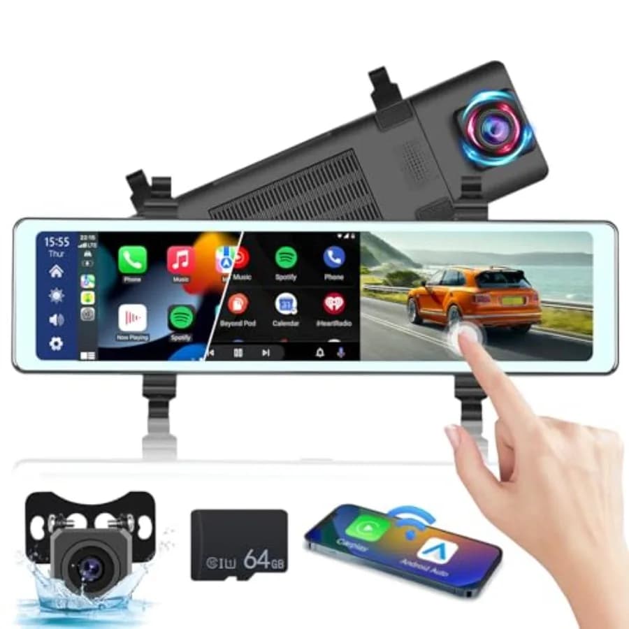 Telecamera per specchietto retrovisore auto, in plastica ABS, nera, display da 11,26 pollici con CarPlay e Android Auto, dashcam anteriore e posteriore
