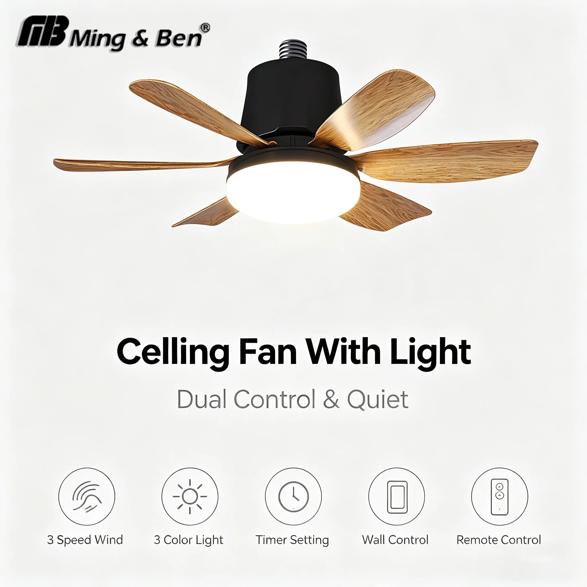 Ventilatore da soffitto a LED 30W E27 con telecomando per la regolazione della luminosità e timer, per casa, soggiorno, camera da letto, studio, 100-240V.