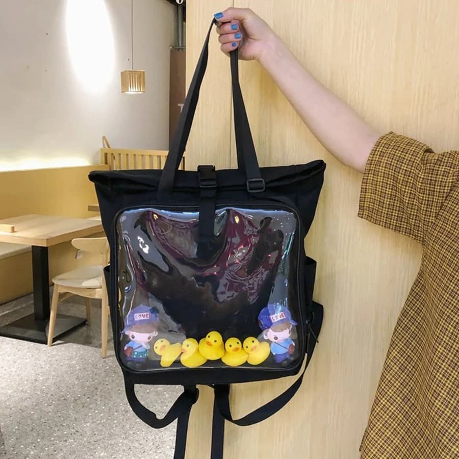 Zaini classici ItaBag a spalla neri Tela trasparente giapponese morbida per ragazze/ragazzi Bella borsa Ita trasparente Zaino per lo shopping quotidiano