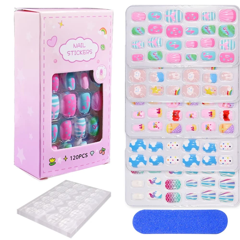 120/24pcs Kids Cartoon Wearable Fake Nails Children Press On False Nails Reusable Acrylic Nail Tips Full Cover Stick On Nails