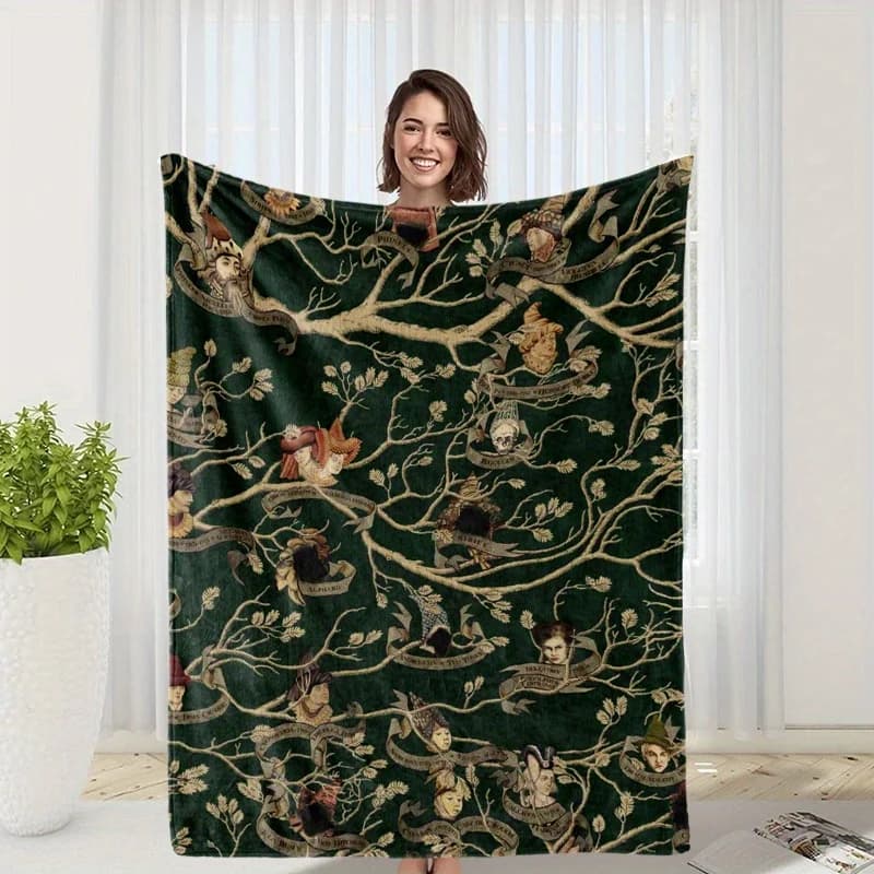Coperta in pile di flanella con stampa albero genealogico nero: morbida, calda e accogliente coperta in maglia di poliestere stampata digitale, coperta in pile