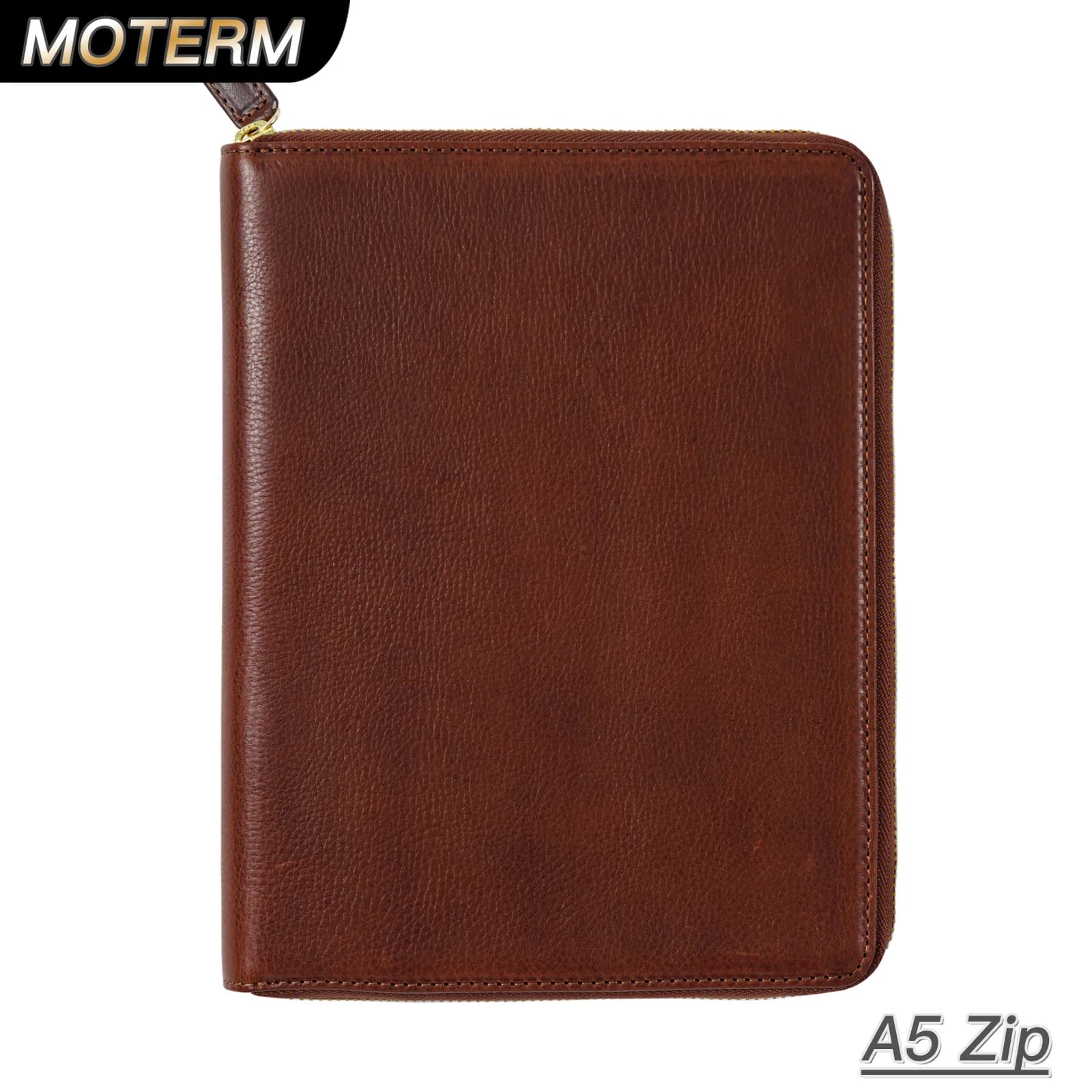 Moterm Full Grain Vegetable Tanned Leather A5 Zip Cover with Top Pocket Planner Zipper Notebook Organizer Agenda Journal Diary
