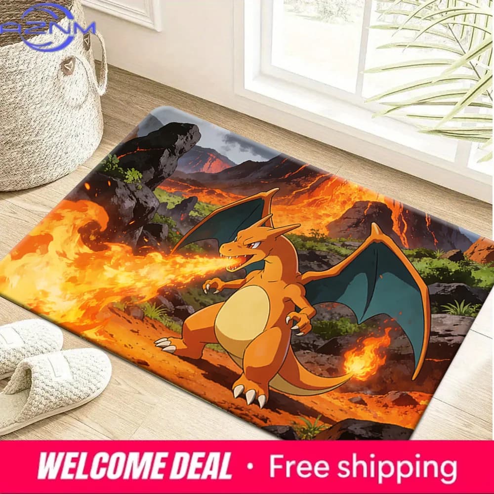 Tappetino antiscivolo assorbente con stampa Charizard Fire Spitting Lava Volcano per l'ingresso interno e l'arredamento della casa