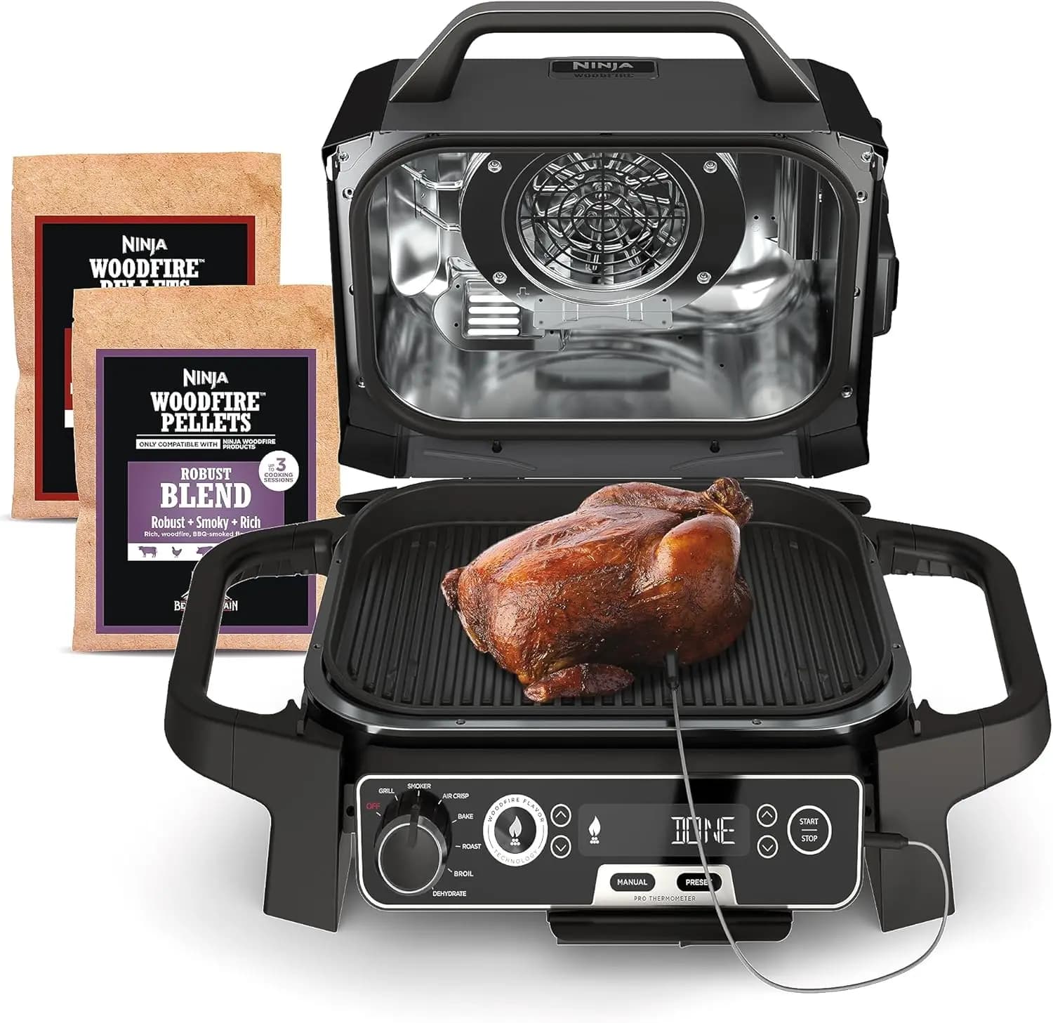 Grill da Esterno Ninja OG751 Woodfire Pro con Termometro Integrato, Griglia Multifunzione 7-in-1, Affumicatore BBQ e Friggitrice ad Aria per Esterni, con Funzioni di Cottura, Arrosto, Disidratazione e Grigliata, Tecnologia Woodfire, Resistente alle Intemperie