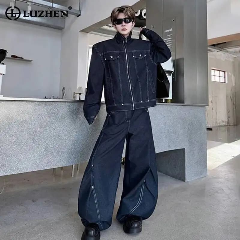 LUZHEN Denim Two-piece Sets Fashion 2026 Autumn Original Male Wide Leg Jeans Men's Pockets Decorate Handsome Jacket New JY7339