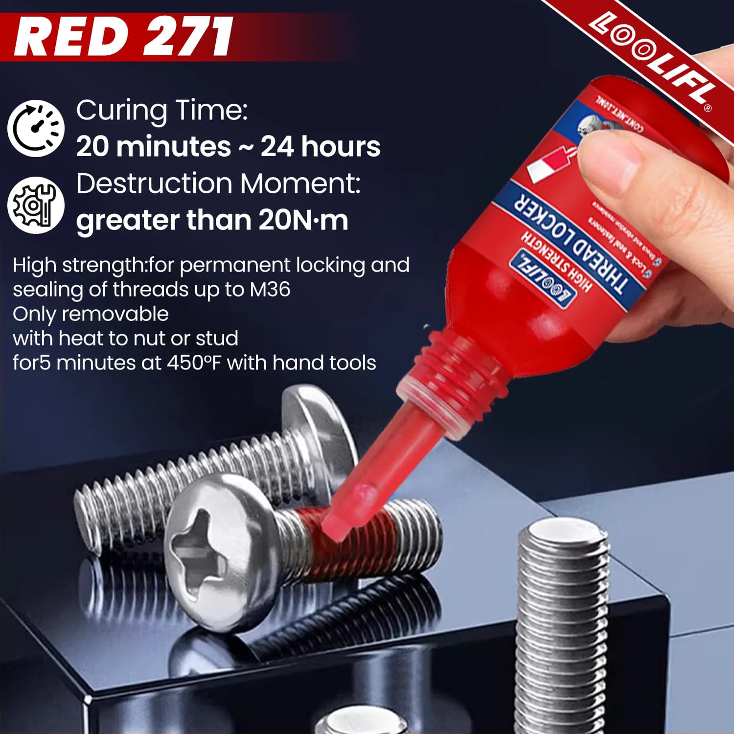 Agente bloccafilo rosso da 10 ml: un adesivo metallico bloccafilo staccabile utilizzato su dadi, bulloni e elementi di fissaggio per evitare allentare