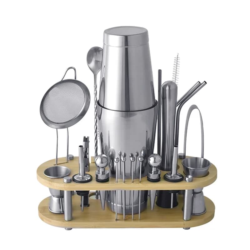 23Pcs Cocktail Shaker Set, Stainless Steel Bar Tools Kit with Removable Ellipse Bamboo Stand, Complete Mixology Set