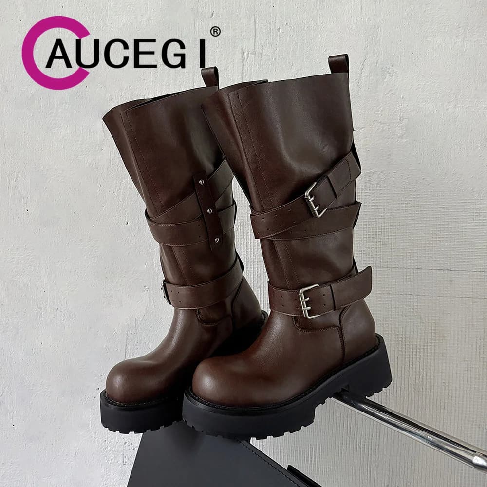 Aucegi High knee boots with real women's leather plateau with belt buckle High knee boots with round toe Modern fashionable commuter shoes