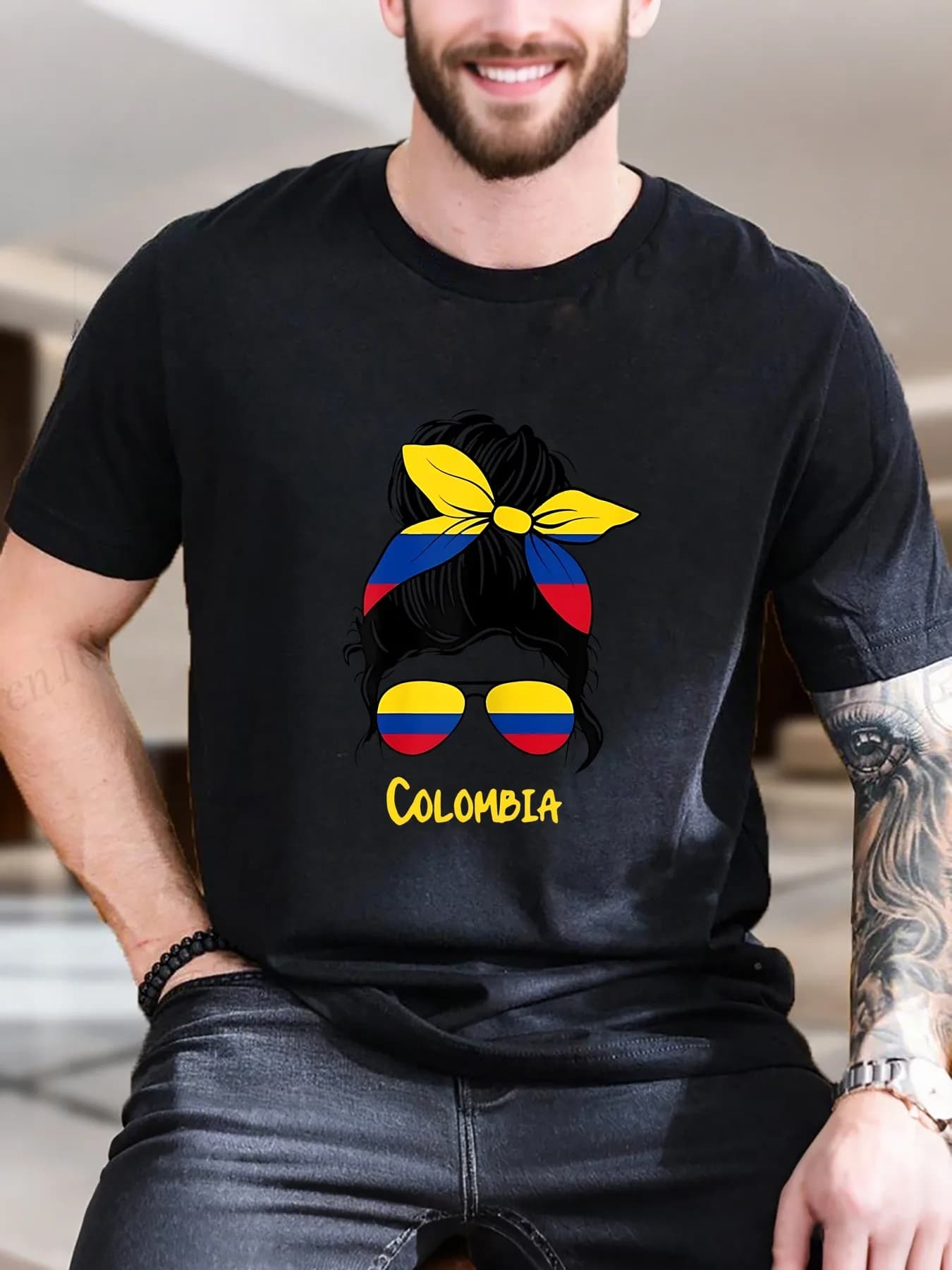 Men's Short Sleeved T-shirt Printed New Arrival Fashion Elegant Woman Colombia With Sunglasses With Bow Design 100% Cotton Breathable