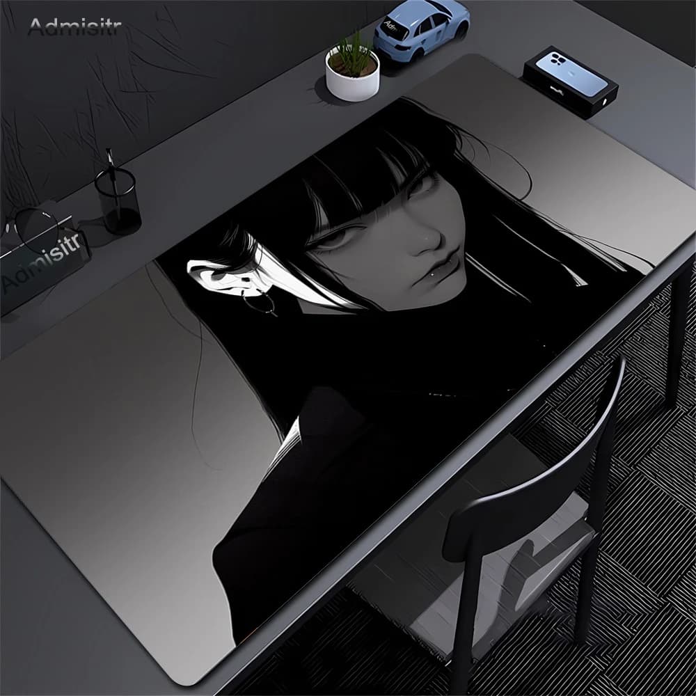 Tappetino per mouse nero Anime Dark Girl Tappetino per mouse grande Tastiera da ufficio Blocco bordo Tappetino da scrivania Accessori da gioco Tappetino per mouse antiscivolo Xxl