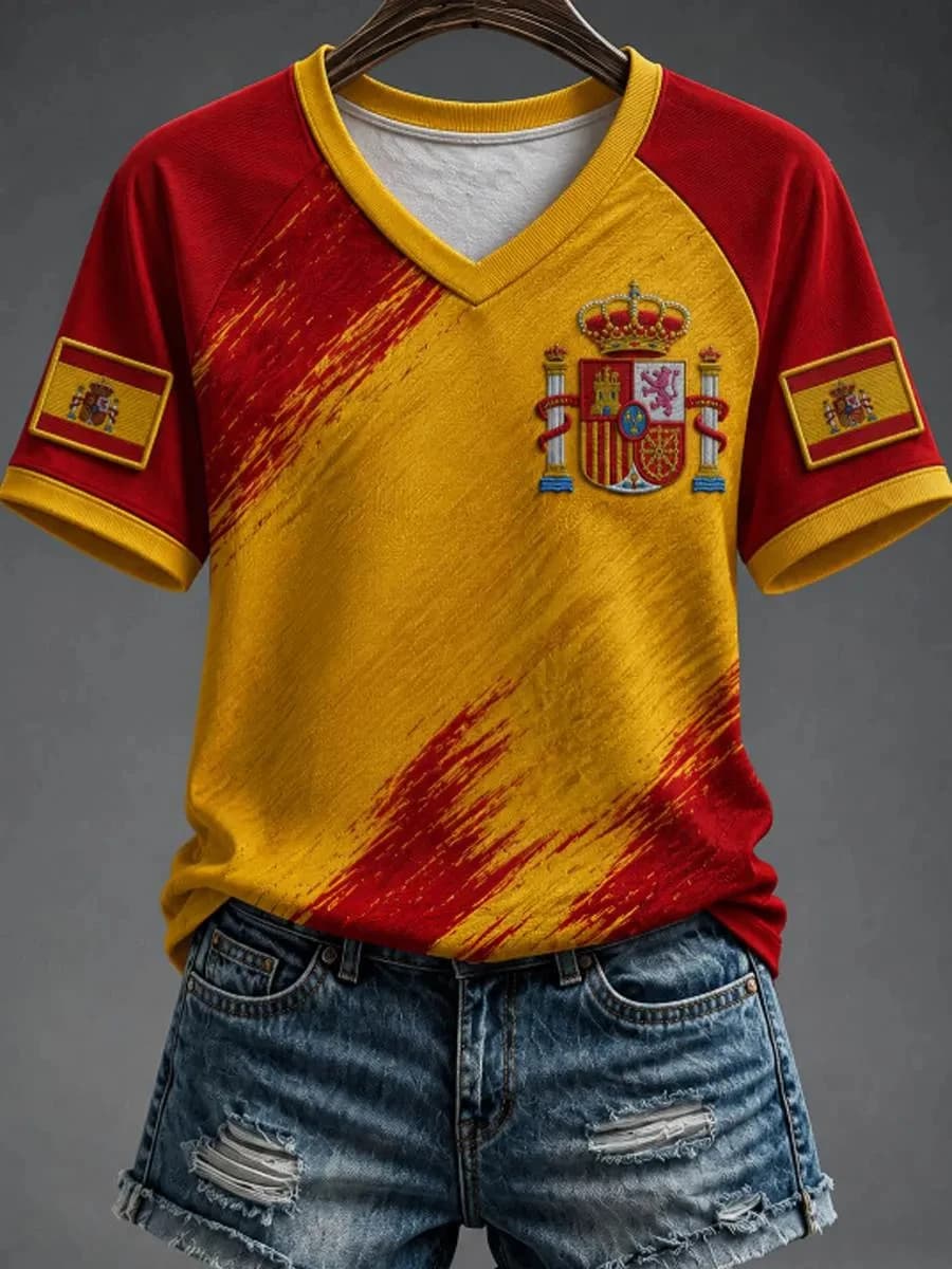 Women's Gift For Spain Football Fans Print Casual V-Neck Tee Football Cultural T-Shirt
