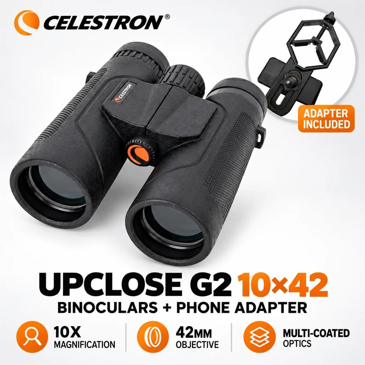 Celestron UpClose G2 10x42 Binoculars with Universal Phone Adapter, Multi-Coated Optics for Bird Watching Travel Sports