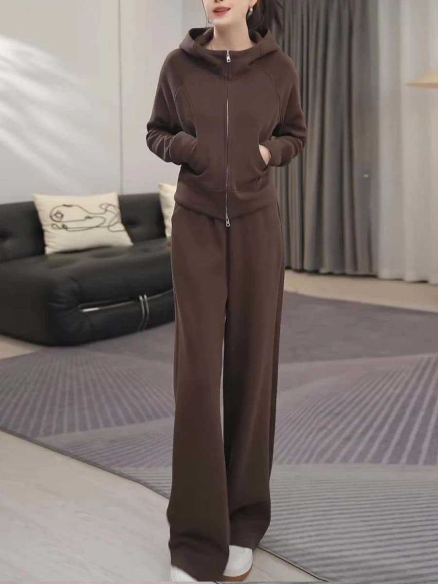 Korean Style Casual Sportswear Set Women Winter Fashion Anti-Aging Slimming Jacket Top Wide Leg Pants Two Piece Set