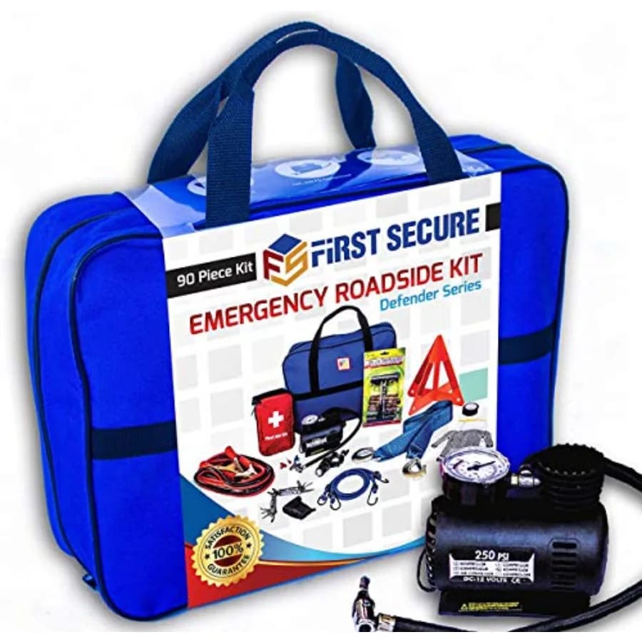 Kit di Emergenza Auto Completo con Compressore d'Aria, Cavi di Avviamento, Kit di Pronto Soccorso, Cinghia di Traino, Manometro Pneumatici e Torcia Essenziale